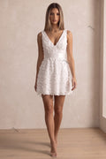 White 3D Floral Mini Fit-and-Flare Dress with Deep V-Neck Flowering Girl