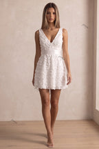 White 3D Floral Mini Fit-and-Flare Dress with Deep V-Neck Flowering Girl