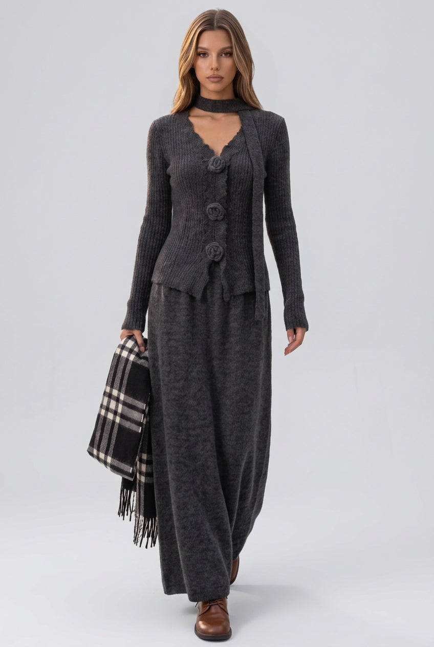 Dark Grey Ribbed Knit Two-Piece Set with Rose Buttons and Choker Flowering Girl