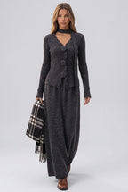 Dark Grey Ribbed Knit Two-Piece Set with Rose Buttons and Choker Flowering Girl