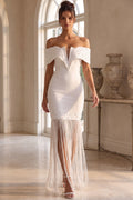 White Off-The-Shoulder Fitted Sheath Dress with Fringe and Pearl Details Flowering Girl