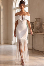 White Off-The-Shoulder Fitted Sheath Dress with Fringe and Pearl Details Flowering Girl