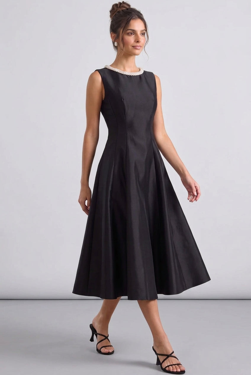 Black Structured Satin Fit-and-Flare Midi Dress with Pearl Trim Flowering Girl
