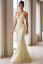 Pale Yellow Floral Lace Mermaid Gown Flowering Girl