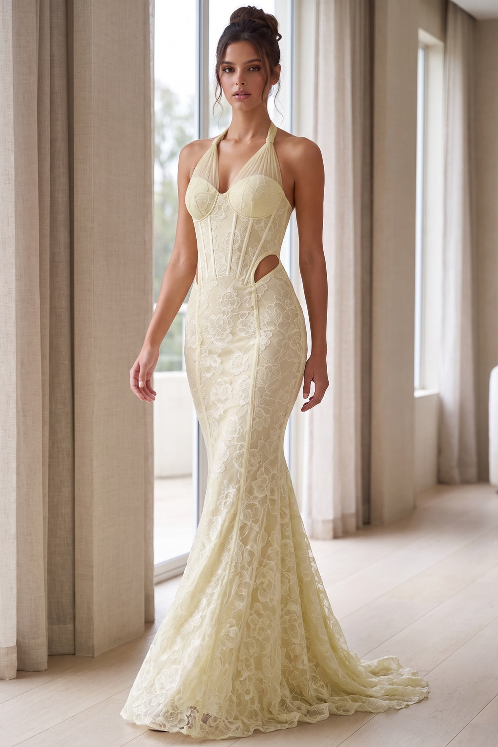Pale Yellow Floral Lace Mermaid Gown Flowering Girl
