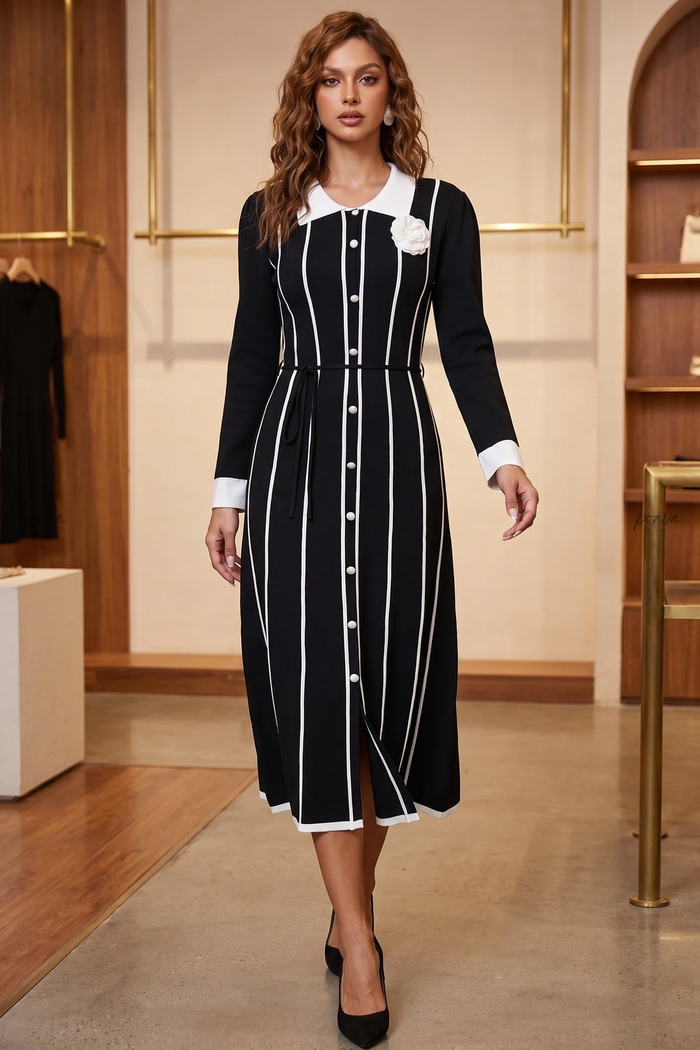 Black Fine-Gauge Ribbed Knit A-Line Midi Dress Flowering Girl