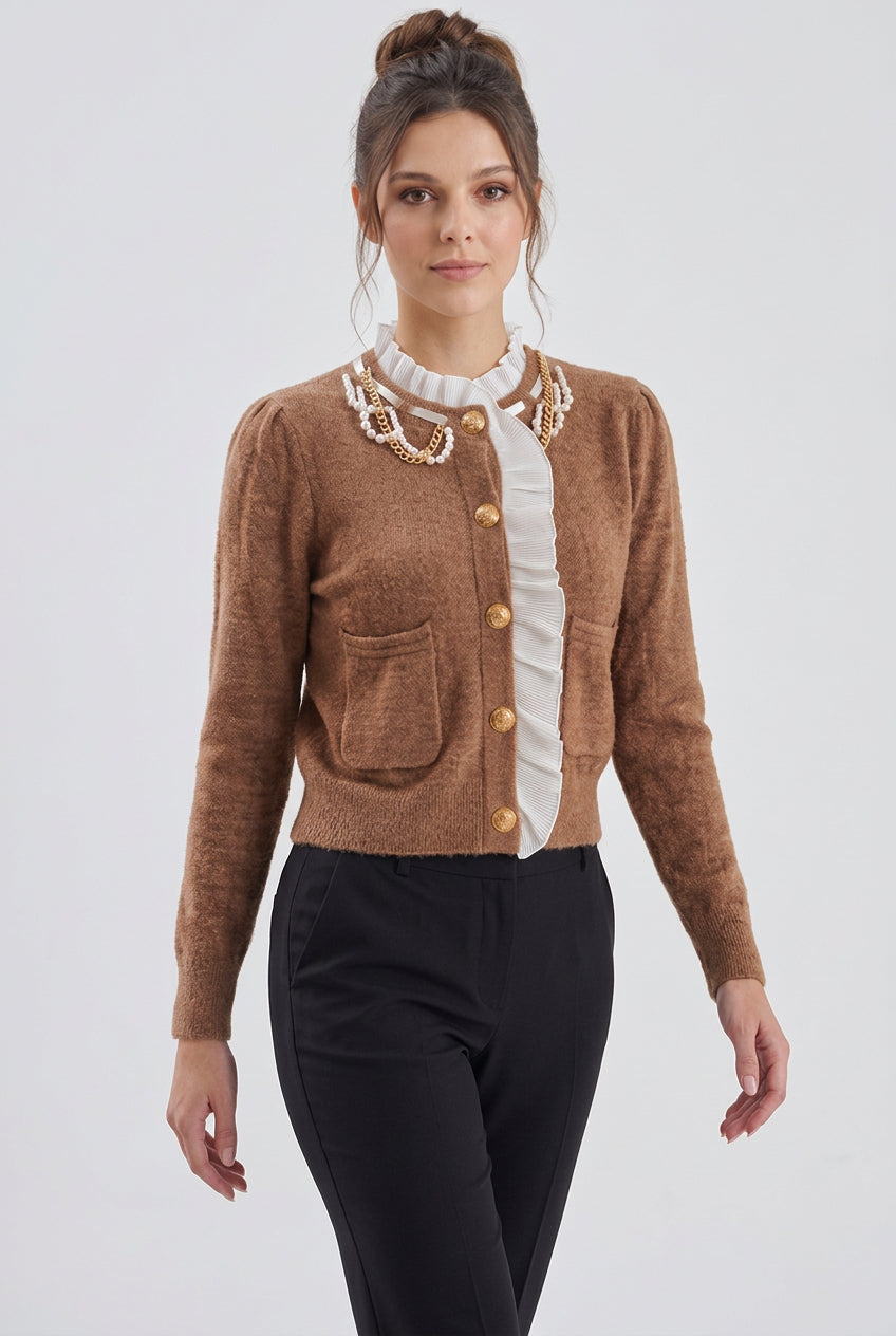 caramel brown textured wool-blend knit fitted, cropped cardigan Flowering Girl