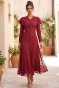 Deep Red Embroidered Floral Lace A-Line Midi Dress Flowering Girl