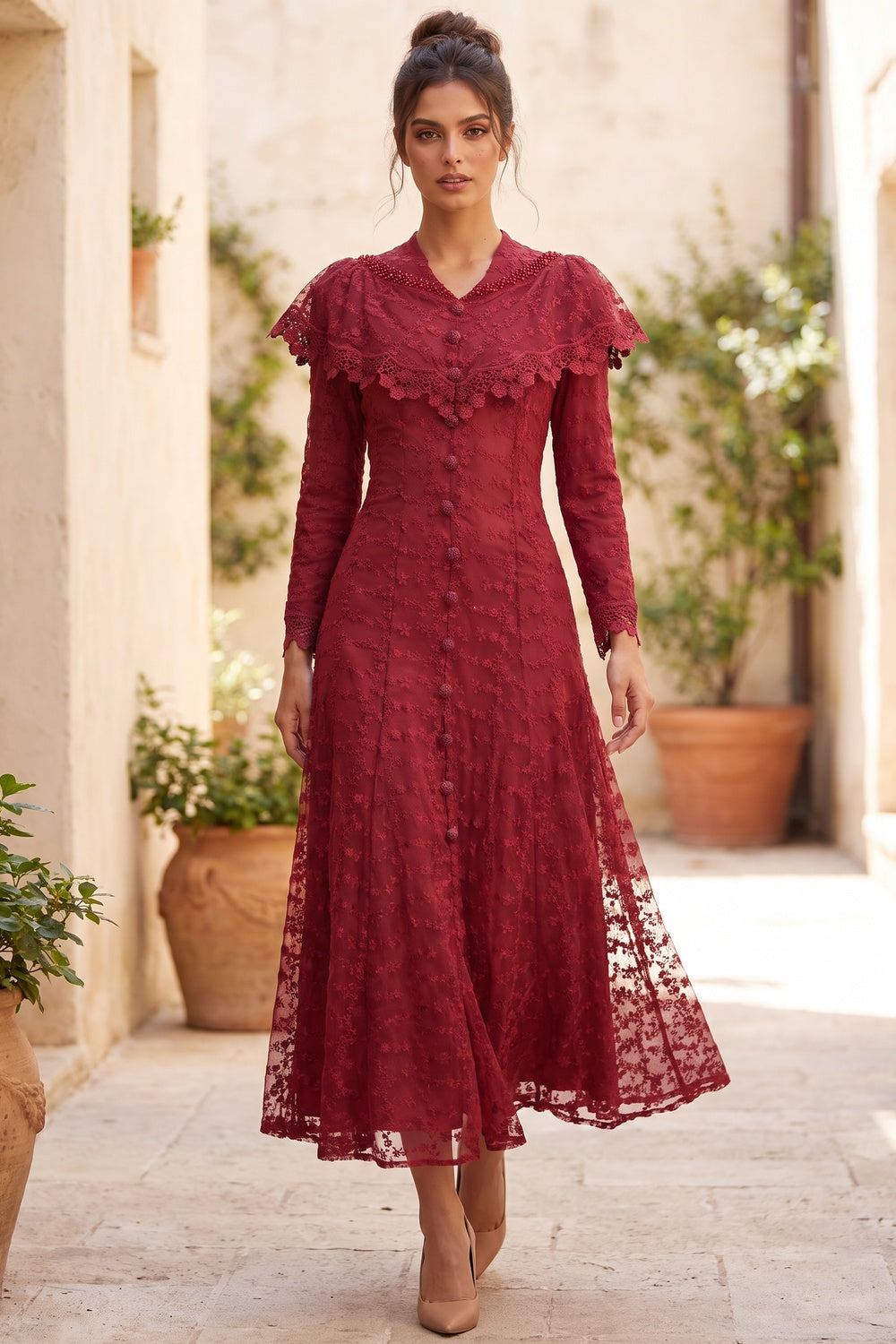 Deep Red Embroidered Floral Lace A-Line Midi Dress Flowering Girl