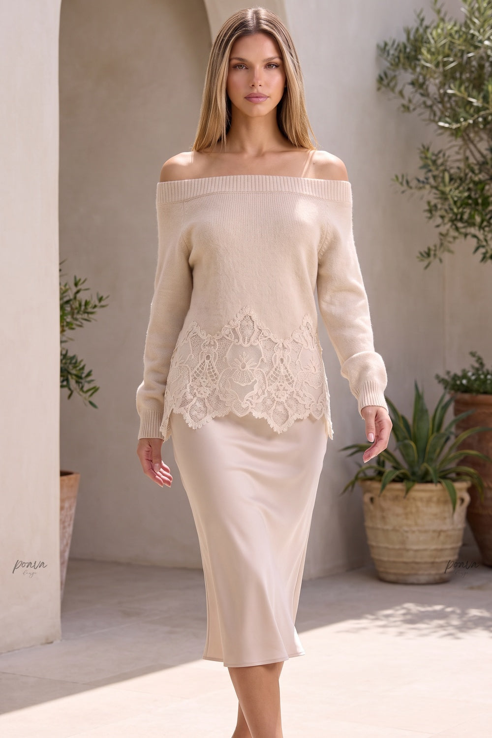 Beige Off-the-Shoulder Knit Top & Satin Midi Skirt Two-Piece Set Flowering Girl