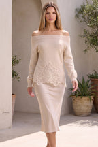 Beige Off-the-Shoulder Knit Top & Satin Midi Skirt Two-Piece Set Flowering Girl