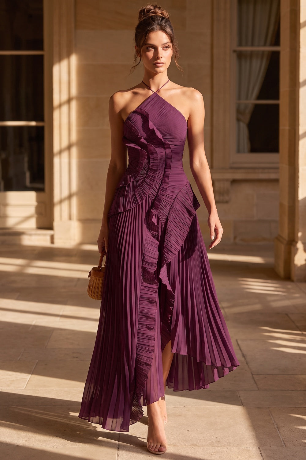 Deep Plum Asymmetrical Pleated Ruffle A-Line Dress Flowering Girl