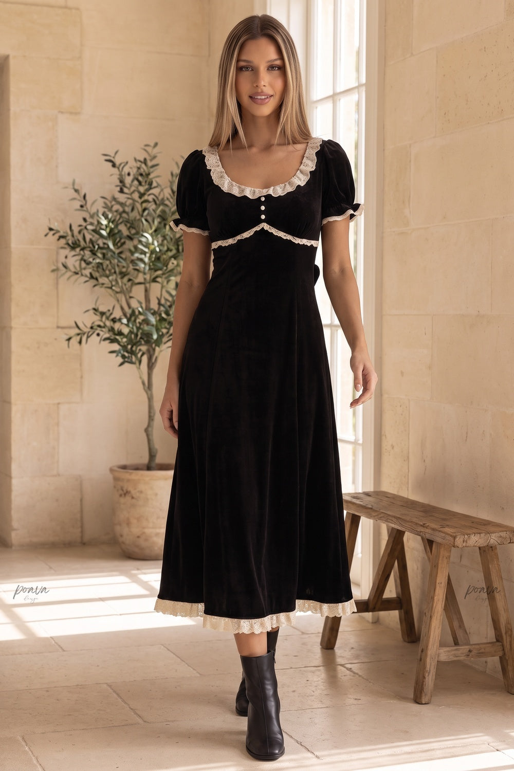 Black Velvet Empire-Waist A-Line Dress with Cream Lace Trim Flowering Girl