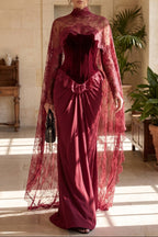 Burgundy Velvet Corset Evening Gown with Lace Cape Overlay Flowering Girl