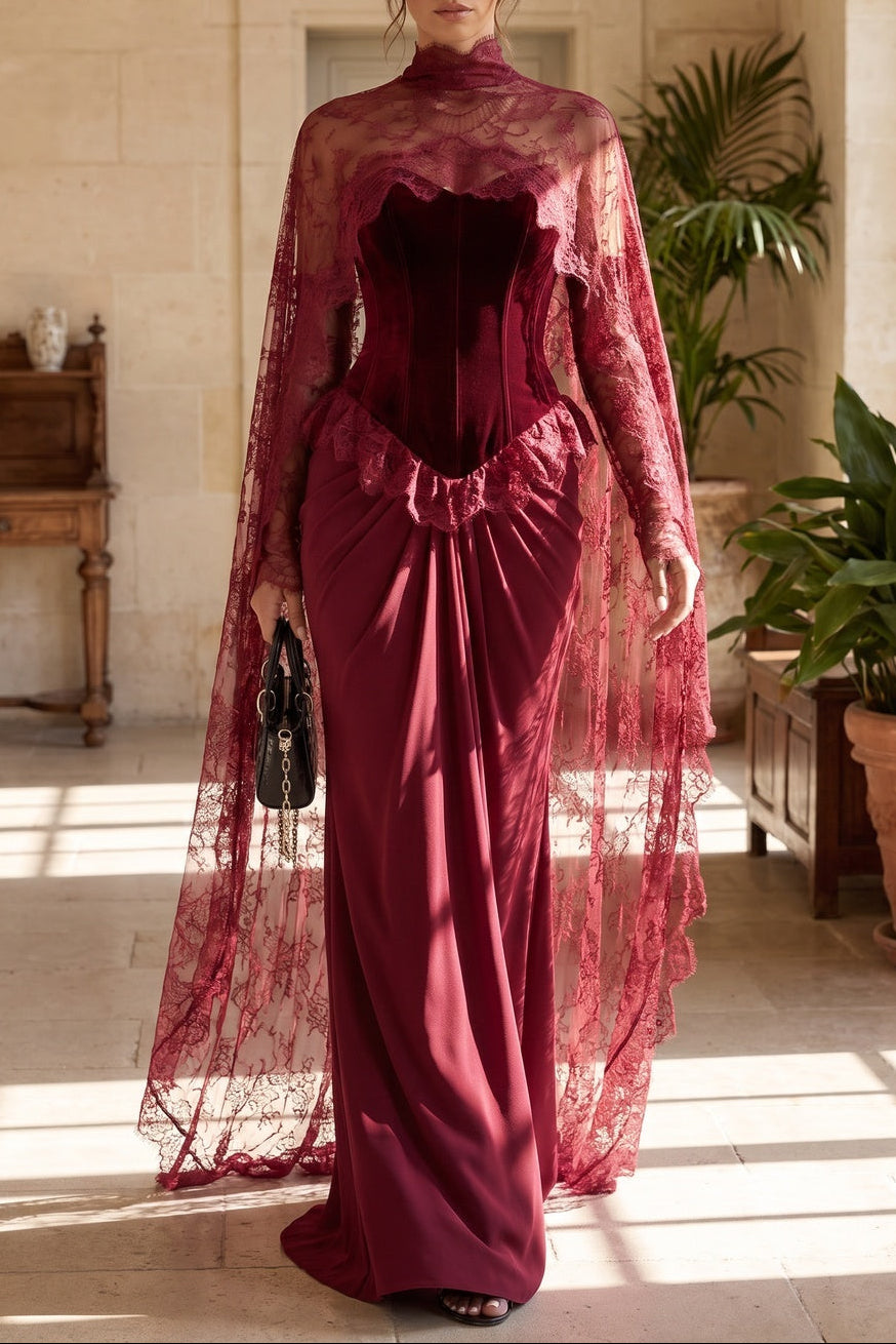 Burgundy Velvet Corset Evening Gown with Lace Cape Overlay Flowering Girl