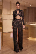Black Floral Lace Column Gown with Front Slit and Cutouts Flowering Girl