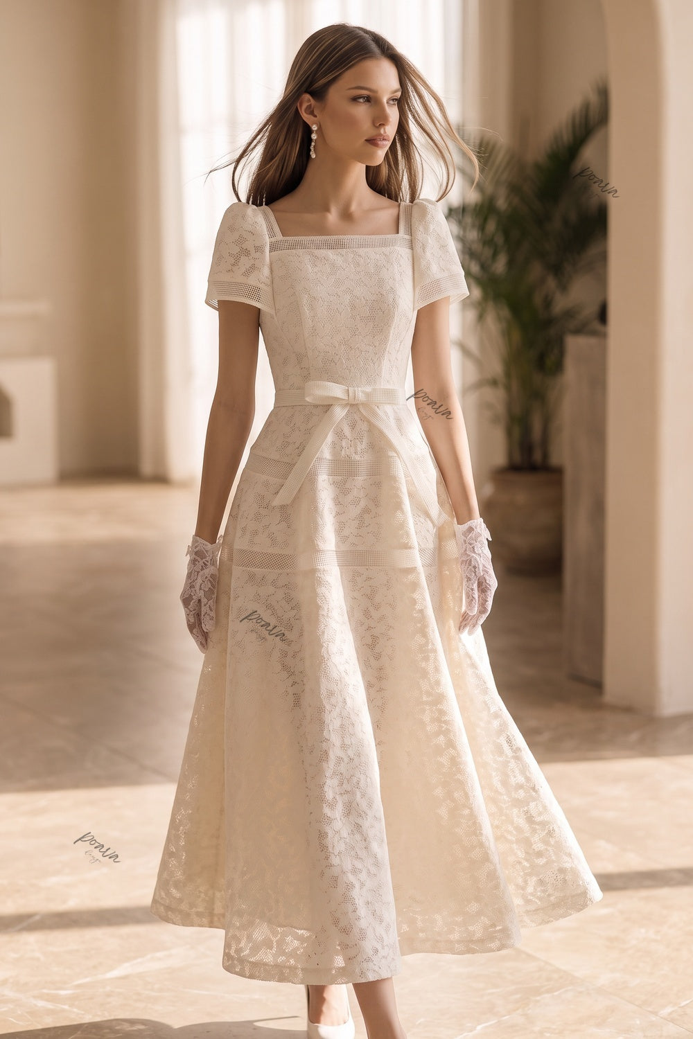 Ivory Floral Lace A-Line Midi Dress with Square Neckline Flowering Girl