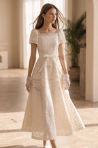 Ivory Floral Lace A-Line Midi Dress with Square Neckline Flowering Girl