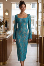 Turquoise Floral Lace Midi Dress, Square Neck Long Sleeve Bodycon Formal Dress Flowering Girl