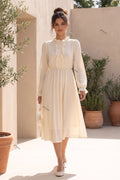 Cream A-Line Midi Dress with Bishop Sleeves and Ruffled Front Placket Flowering Girl