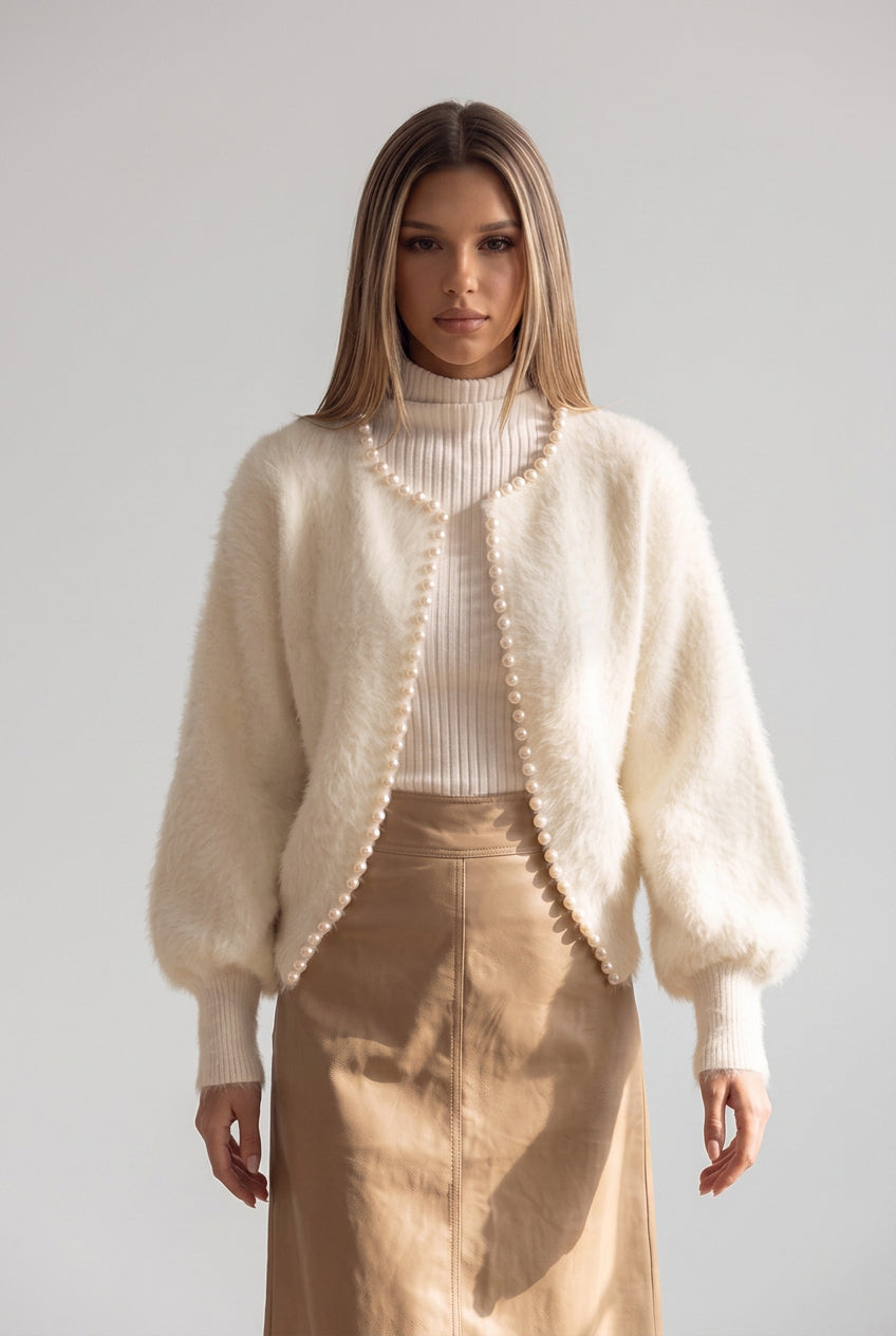 Off-White Fuzzy Mohair-Style Knit Cardigan with Pearl Trim Flowering Girl
