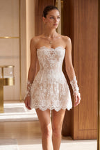 White Floral Lace Fit-and-Flare Corset Mini Dress with Detached Sleeves Flowering Girl