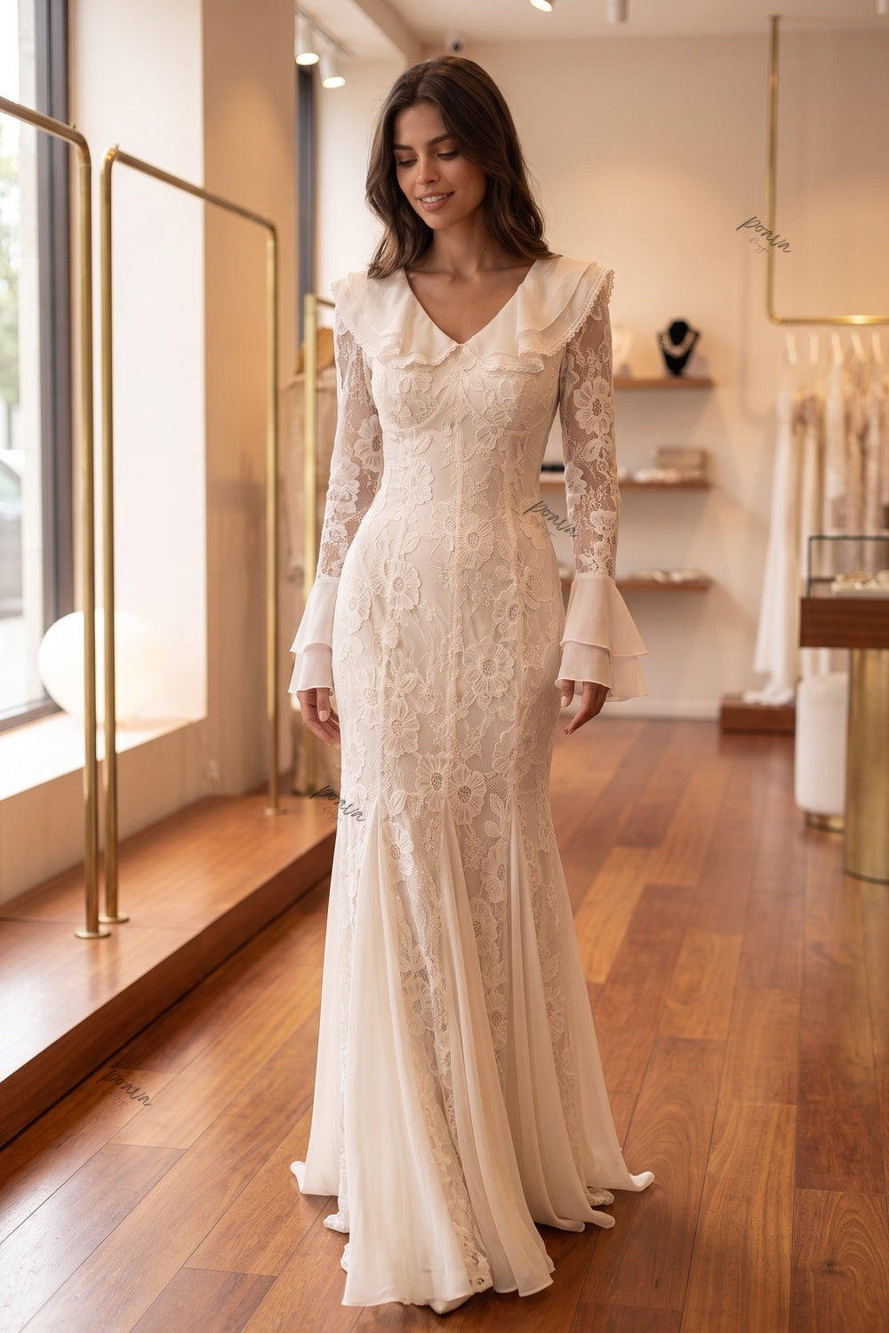 Cream Floral Lace Mermaid Floor-Length Dress Flowering Girl