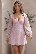 Lilac Sheer Floral Embroidered Mesh A-line Fit-and-Flare Mini Dress Flowering Girl