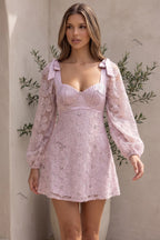 Lilac Sheer Floral Embroidered Mesh A-line Fit-and-Flare Mini Dress Flowering Girl