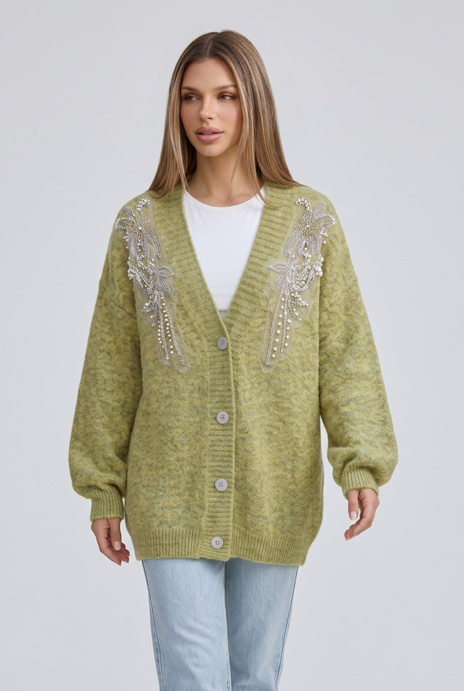 Chartreuse Heathered Knit Oversized Cardigan with Beaded Pearl Shoulders Flowering Girl