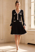 Black Heavy Compact Knit Fit-and-Flare Dress with White Scalloped Trim Flowering Girl