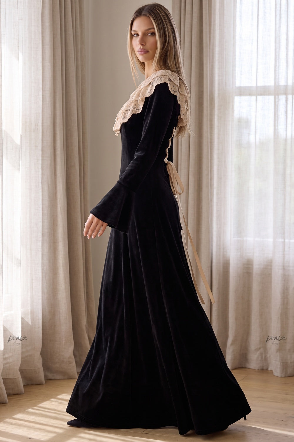 Black Velvet A-Line Maxi Dress with Lace Collar Flowering Girl