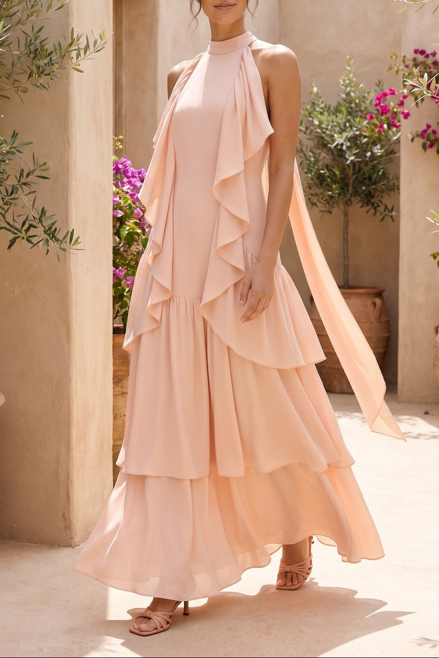Pale Peach Lightweight Crepe A-Line Tiered Dress Flowering Girl