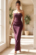 Dark Plum Structured Crepe Column Evening Gown with Peplum Bodice Flowering Girl