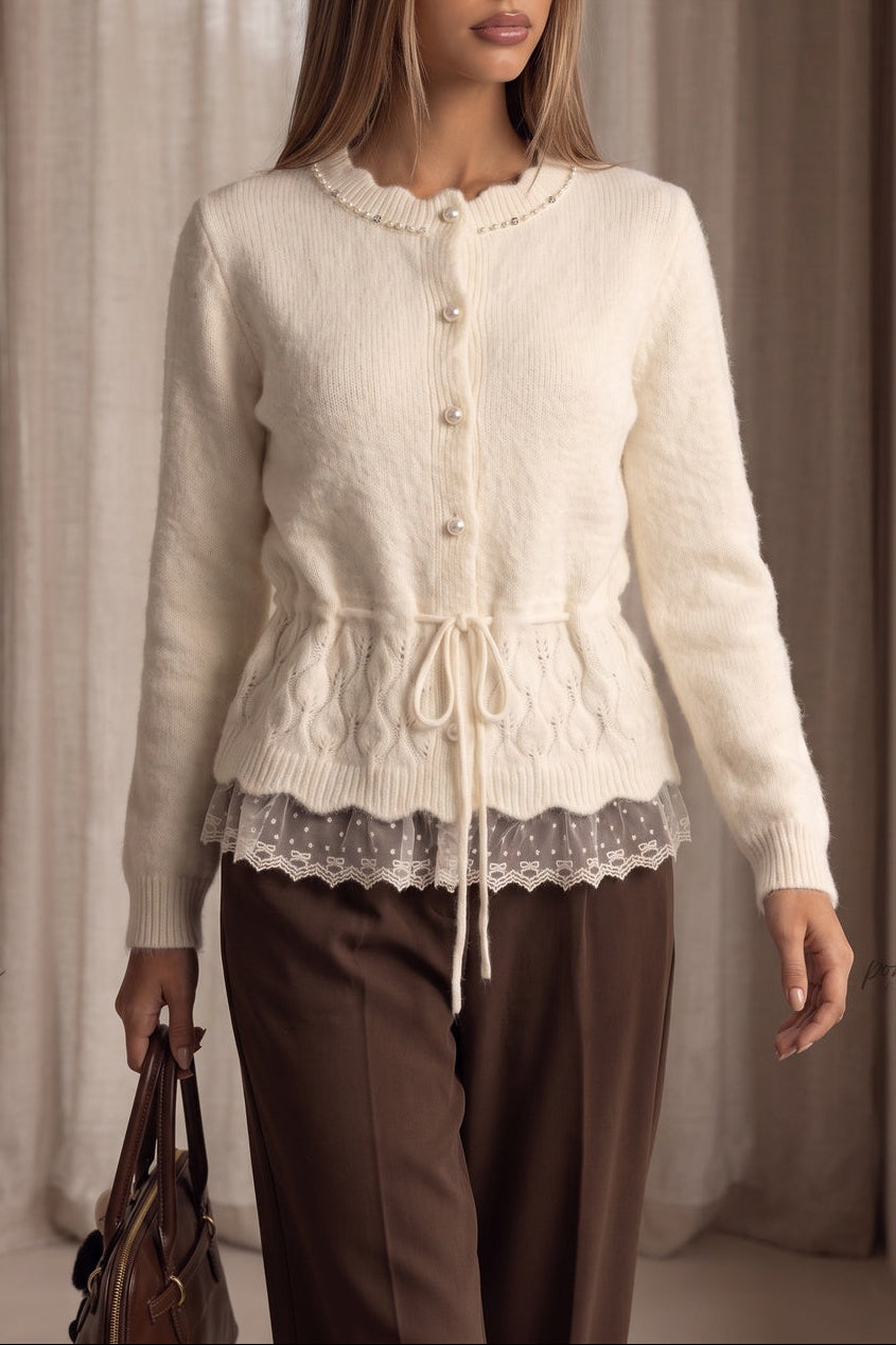 Cream Fuzzy Knit Wool Blend Peplum Cardigan with Lace Hem Flowering Girl
