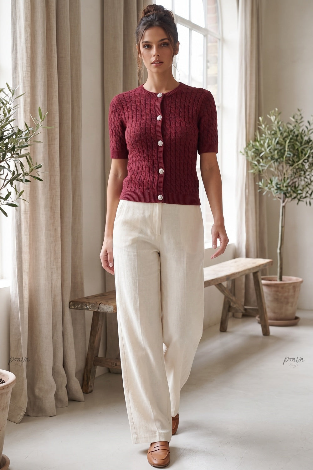 Burgundy Cable-Knit Wool Blend Fitted Short-Sleeve Cardigan Flowering Girl