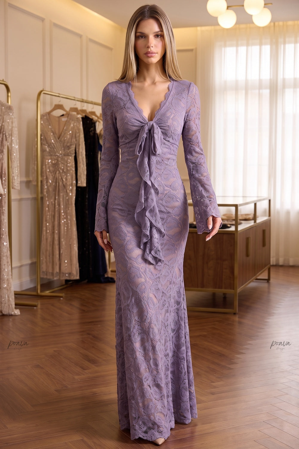 Dusty Purple Floral Lace Mermaid Maxi Dress Flowering Girl