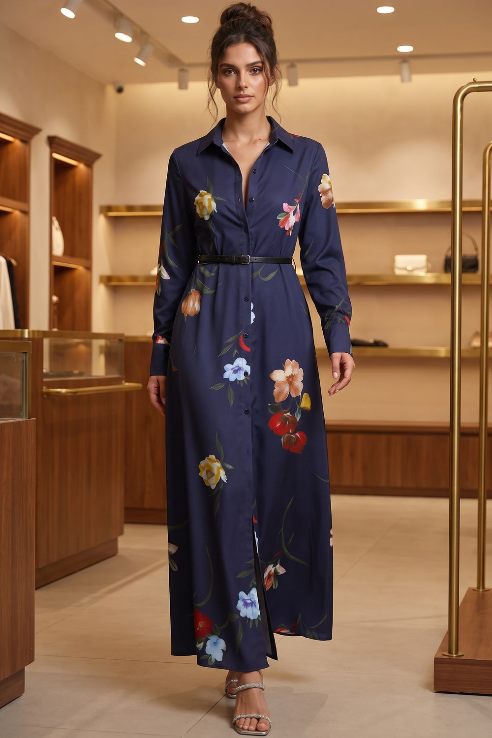 Navy Blue Floral Satin-Weave A-Line Shirt Dress Flowering Girl