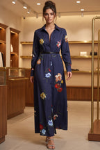 Navy Blue Floral Satin-Weave A-Line Shirt Dress Flowering Girl