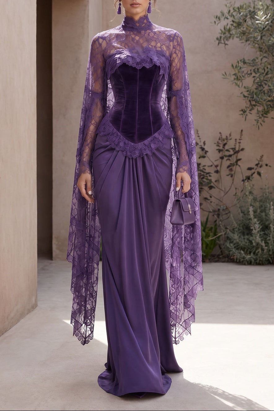 Deep Purple Velvet Corset Evening Gown with Lace Cape Sleeves Flowering Girl
