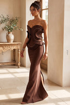 Chocolate Brown Matte Crepe Column Evening Gown Flowering Girl