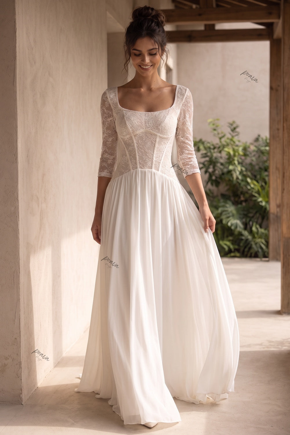 Ivory Chiffon A-Line Wedding Dress with Lace Bodice Flowering Girl