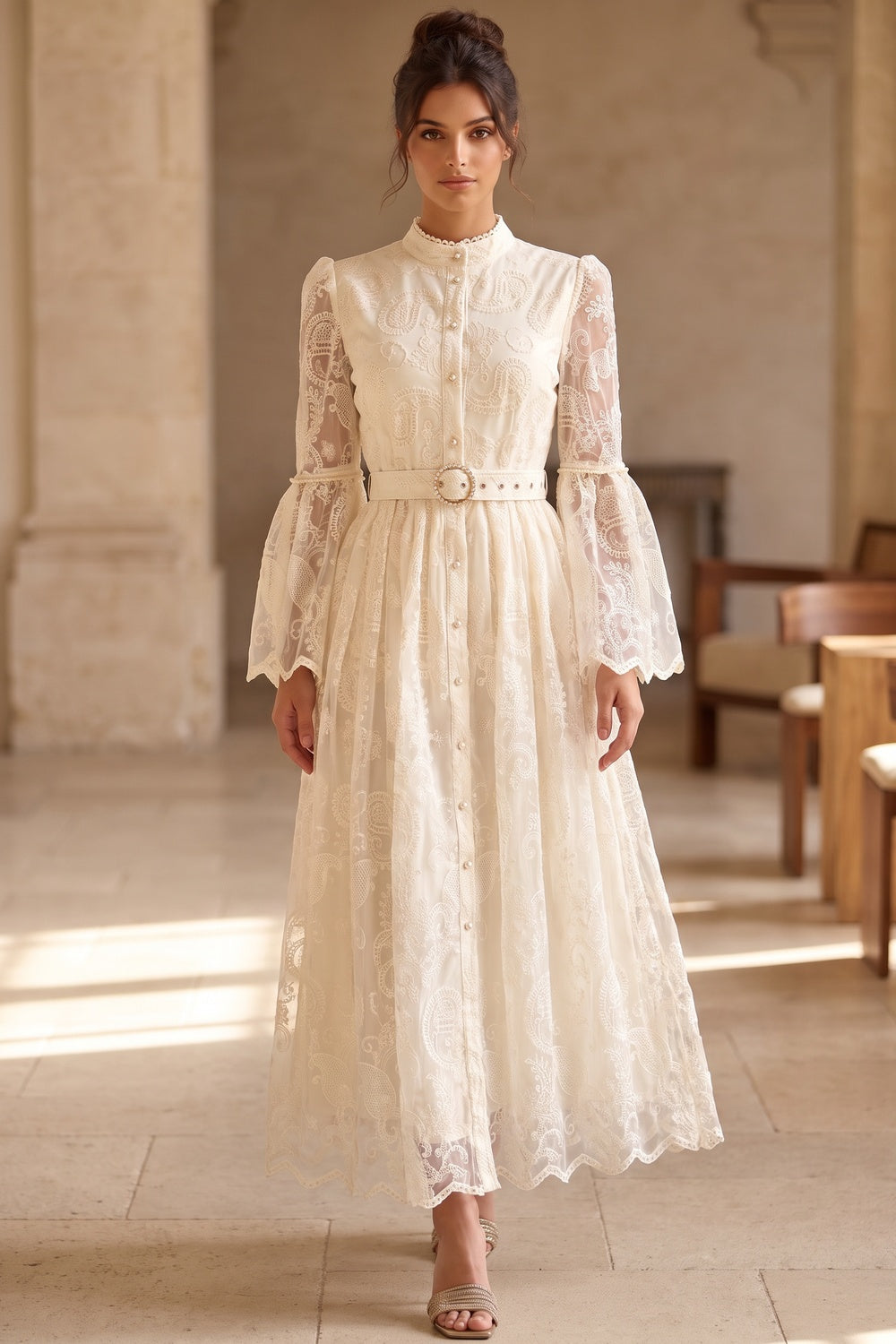 Cream Embroidered Floral Lace A-Line Dress Flowering Girl