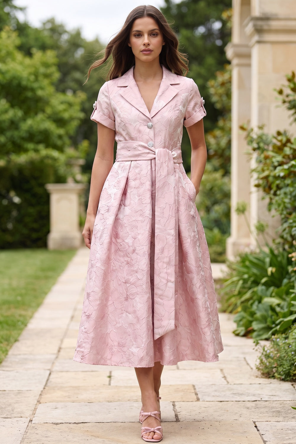 Pale Pink Floral Jacquard Fit-and-Flare Midi Dress with Metallic Sheen Flowering Girl