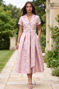 Pale Pink Floral Jacquard Fit-and-Flare Midi Dress with Metallic Sheen Flowering Girl