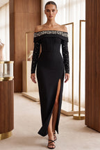 Black Heavy Stretch Crepe Column Evening Gown with Pearl Embellishment Flowering Girl