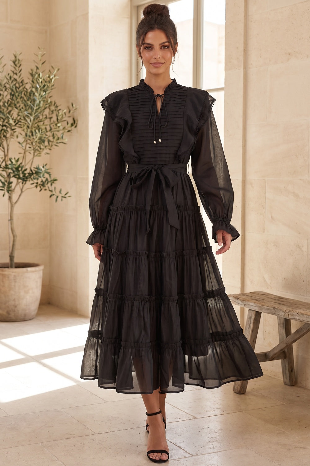 Black Tiered A-Line Midi Dress with Bishop Sleeves Flowering Girl