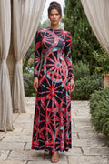Black Stretch Jersey A-Line Maxi Dress with Geometric Wheel Print Flowering Girl