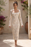 Champagne Beige Lace Midi Bridal Dress Square Neck Long Flare Sleeve Bodycon Wedding Guest Dress Flowering Girl
