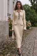 Cream Ribbed Knit Polo Dress with Contrast Trim Flowering Girl